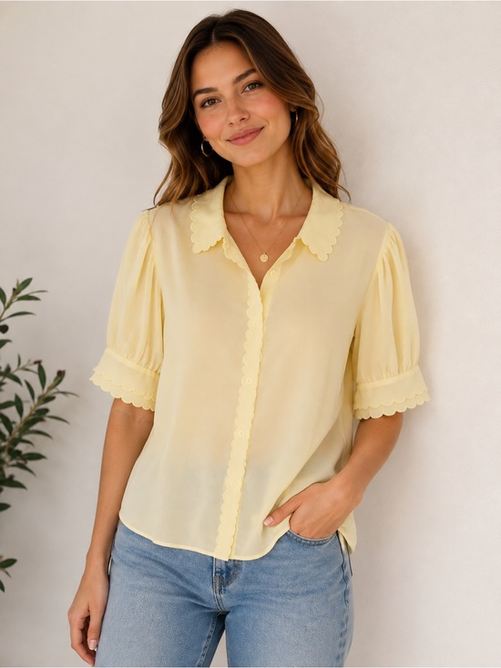 CeCe Tops - CeCe Pale Yellow Scalloped Collar Puff-Sleeve Blouse